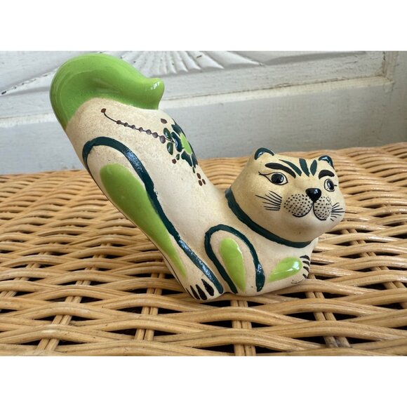 Vintage MCM Tonala Mexican Art Pottery Stretching Cat Kitty Hand Painted Floral - Picture 8 of 12
